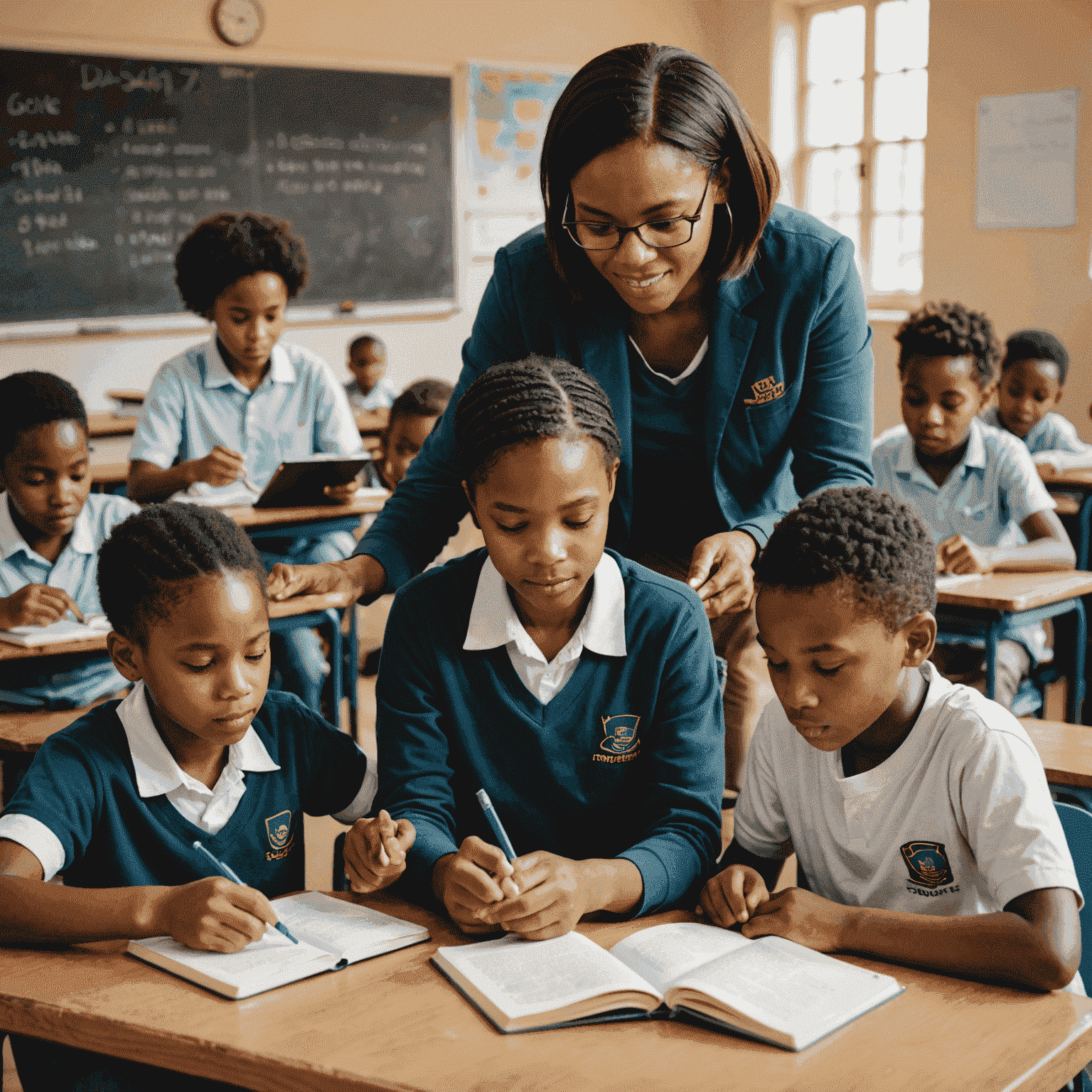 A diverse group of South African students engaged in a classroom setting, working together on tablets and books, with a volunteer teacher guiding them