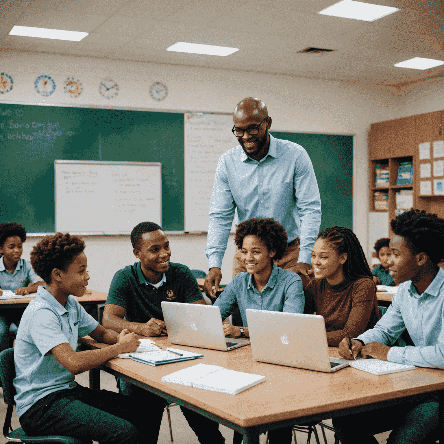A diverse group of South African students and educators collaborating in a modern classroom setting, with laptops and interactive whiteboards visible