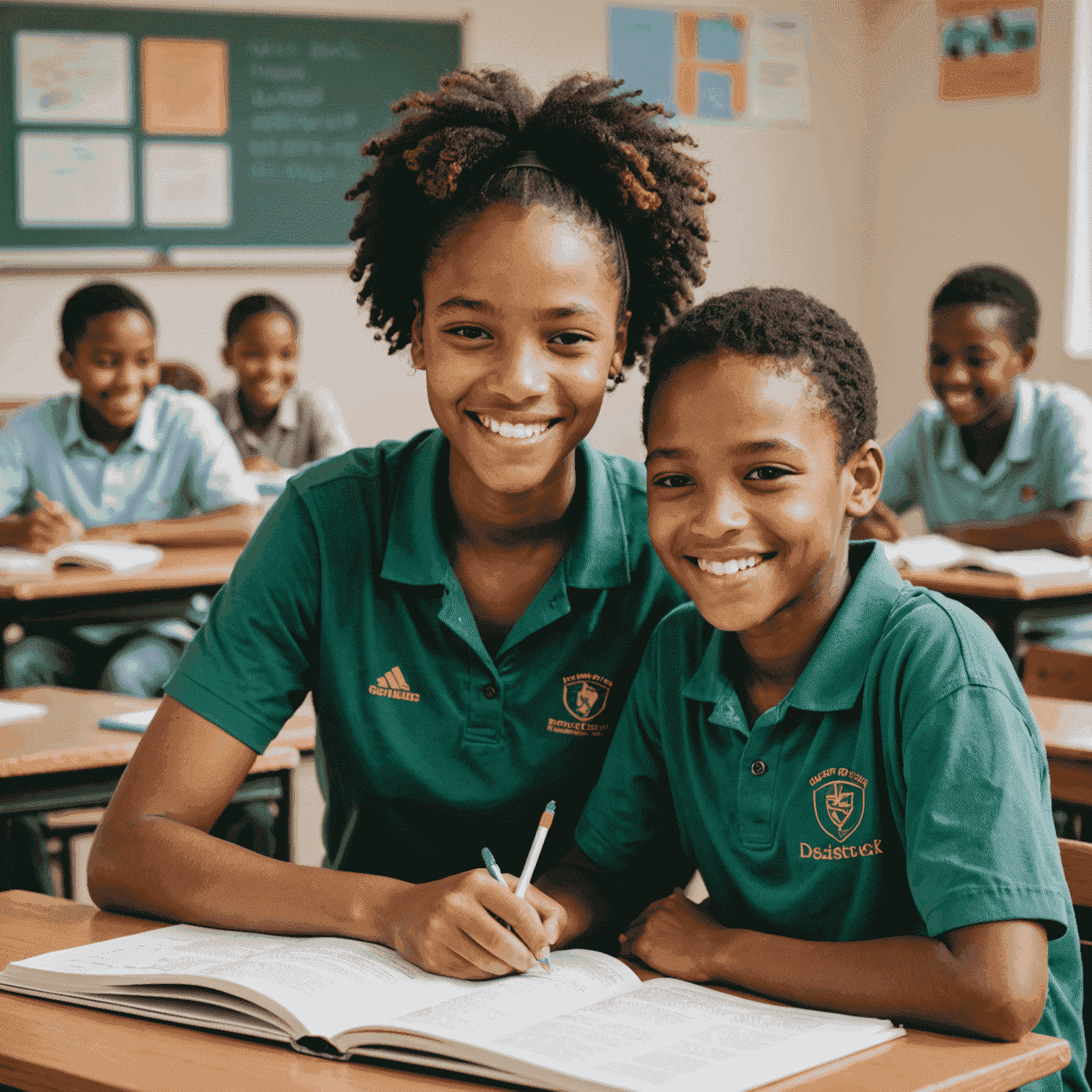 A young South African student smiling confidently next to their volunteer mentor in a classroom setting, both looking at a textbook