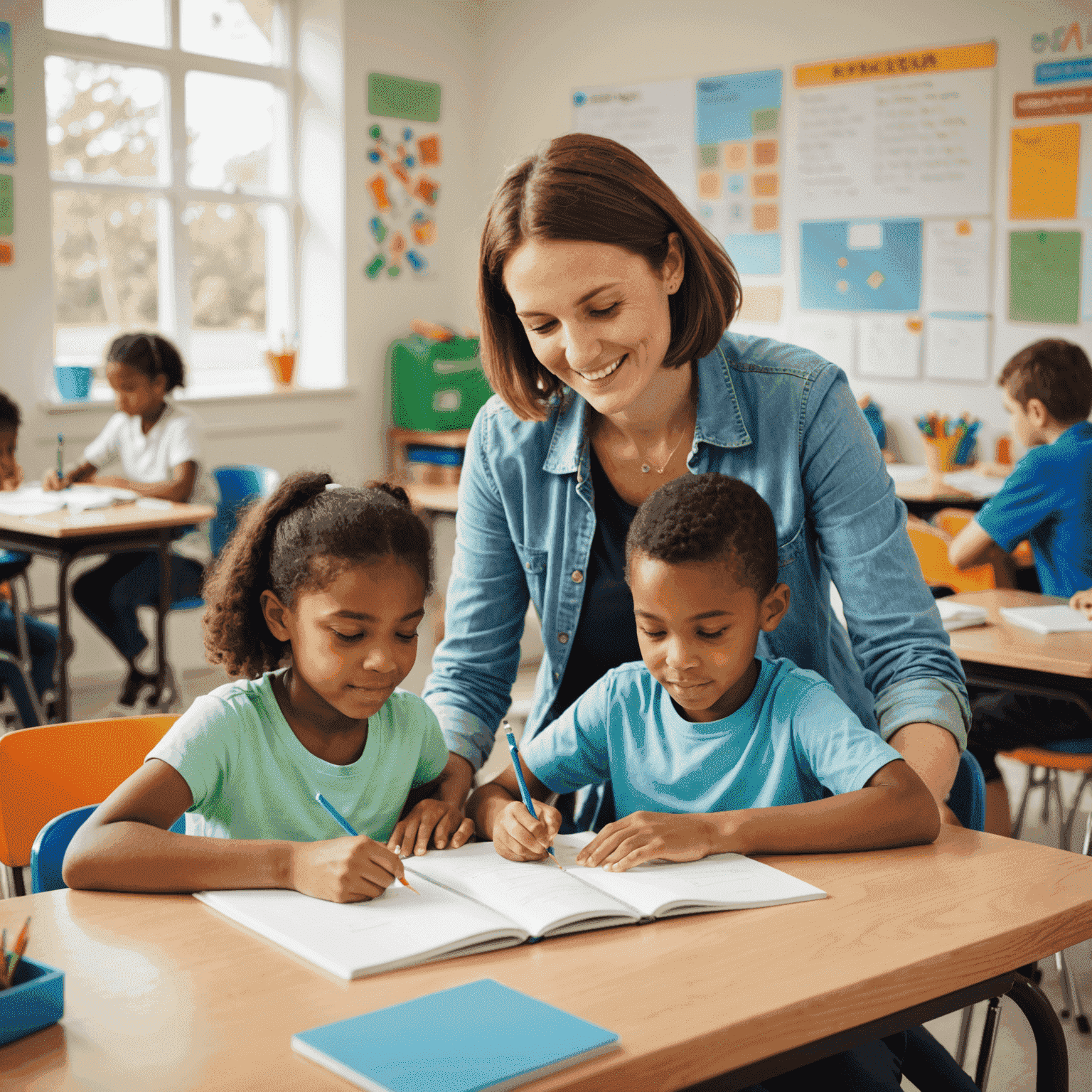 A volunteer tutor helping a young student with homework in a bright, welcoming classroom environment