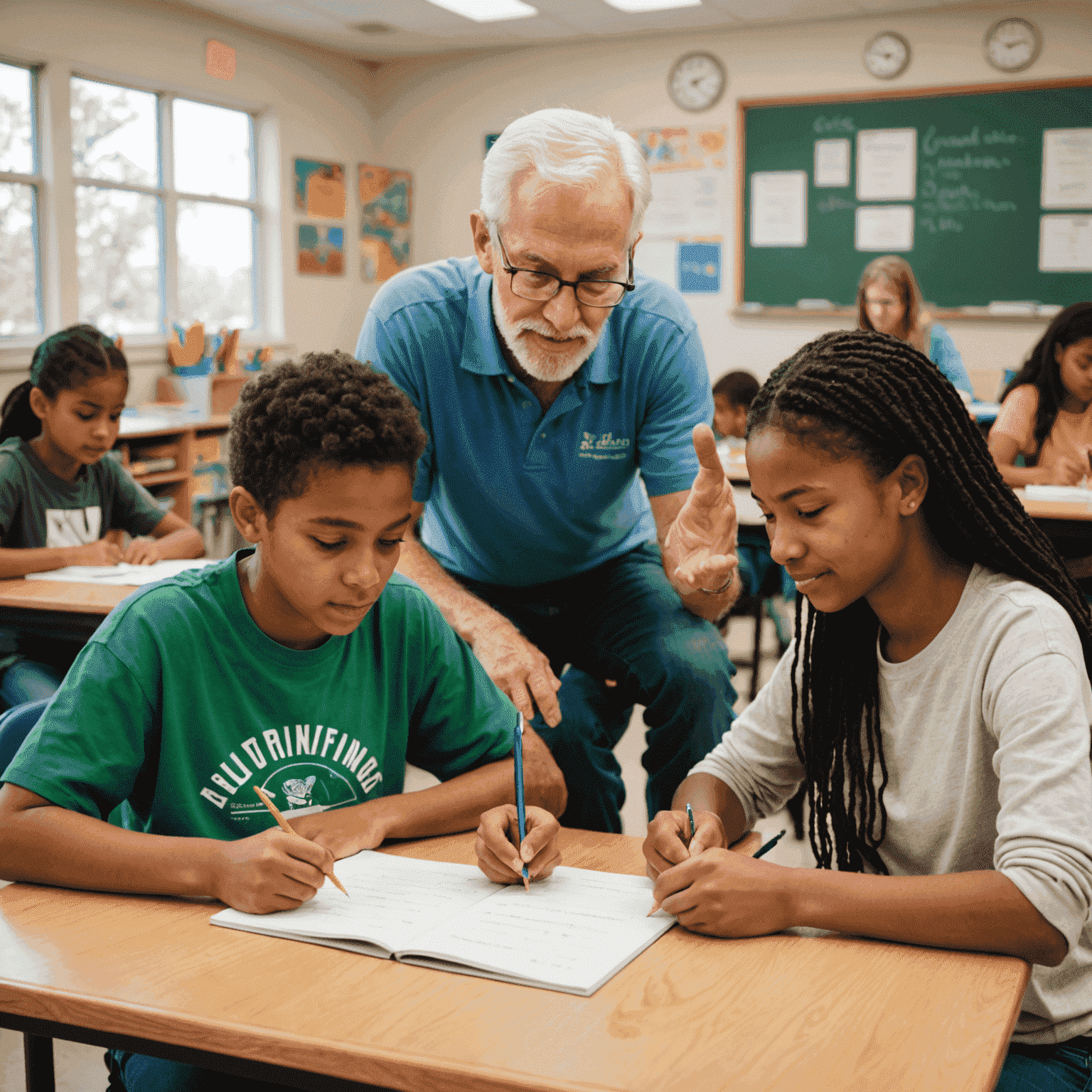A diverse group of students receiving one-on-one tutoring from experienced volunteers and retired educators in a bright, welcoming classroom setting