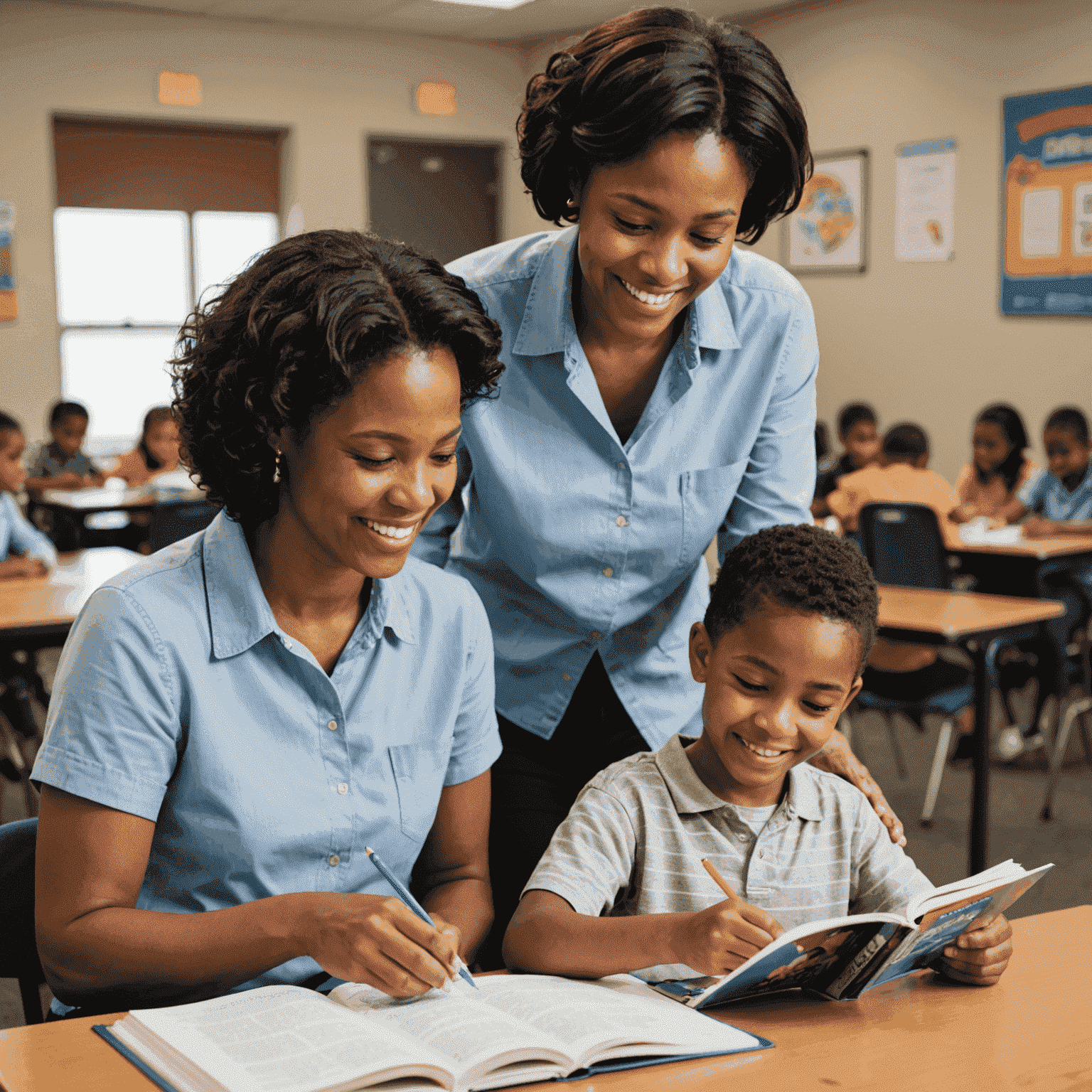 A caring adult mentor guiding a young learner through a textbook, both smiling and engaged in the learning process