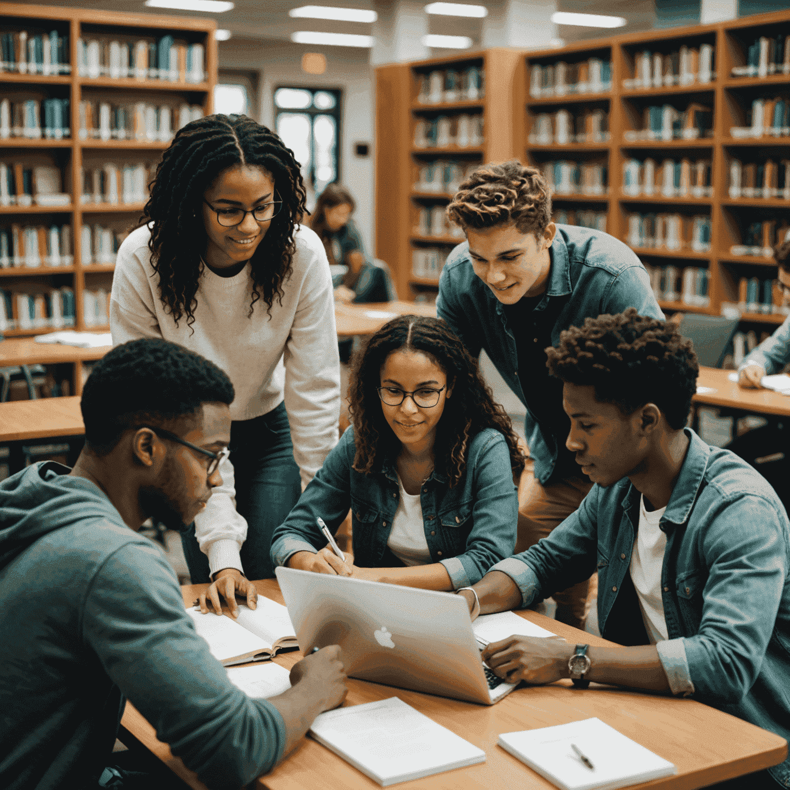 A diverse group of students sitting around a table in a library, collaborating on assignments and discussing study materials. They are using textbooks, laptops, and notepads. The atmosphere is focused yet friendly, with students helping each other understand complex topics.