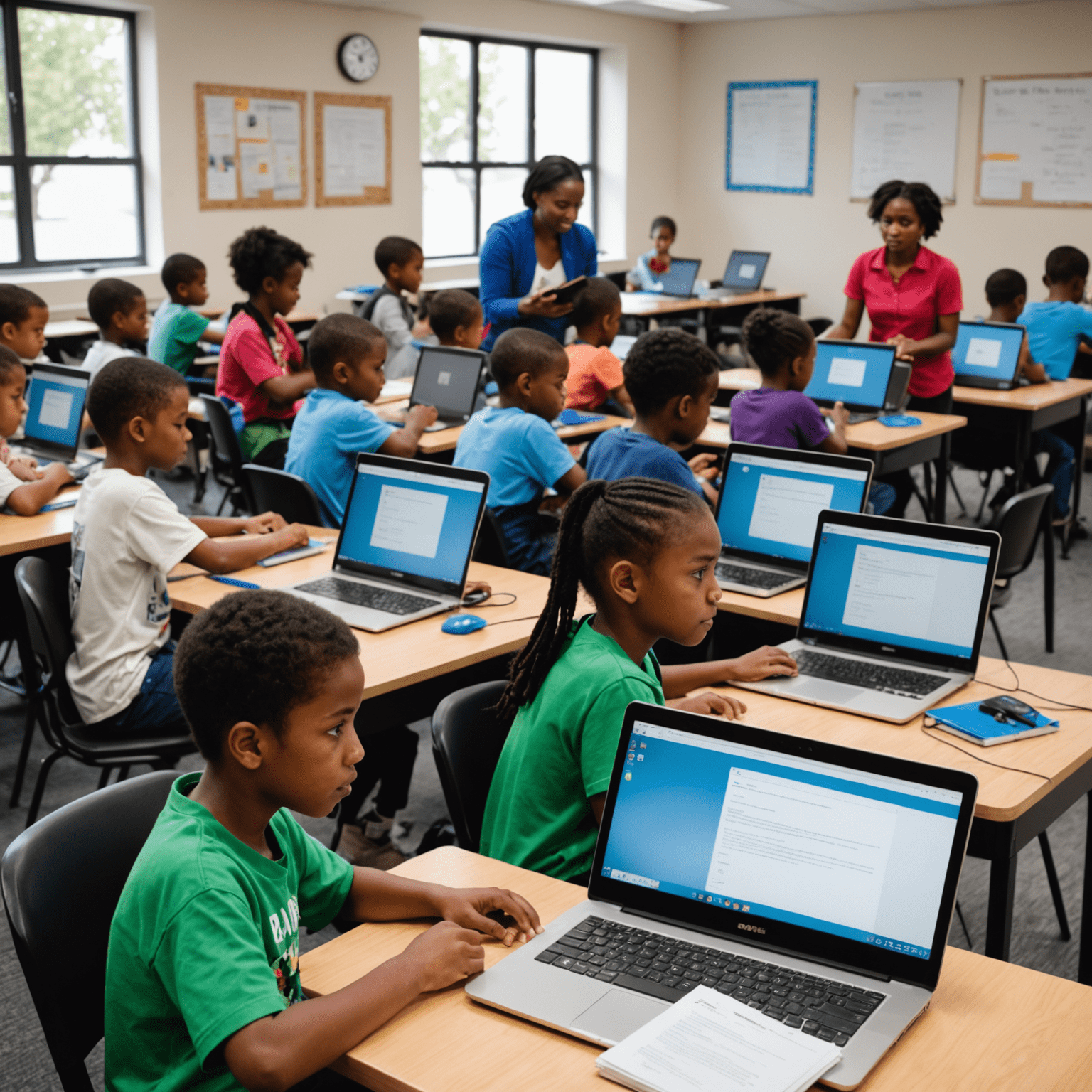 Young learners engaged in a computer literacy workshop, sitting at desks with laptops and an instructor guiding them through basic computer skills