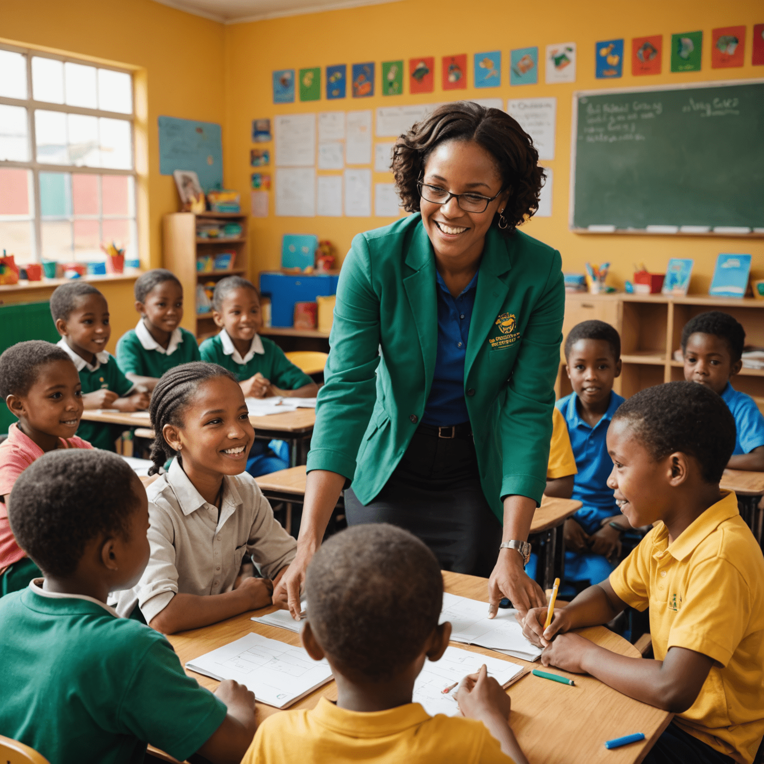 A volunteer teacher enthusiastically engaging with a diverse group of young South African learners in a colorful classroom setting
