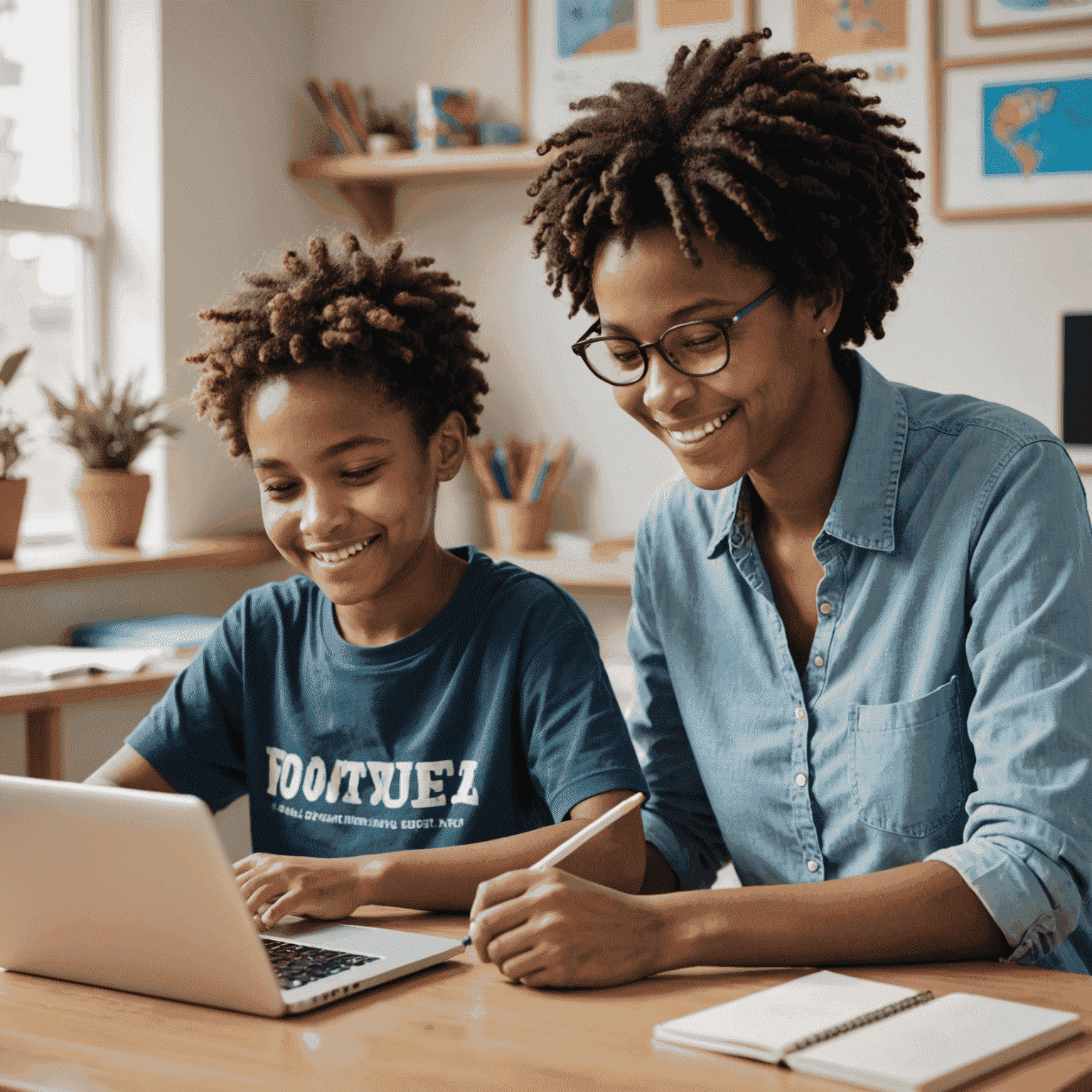 A volunteer tutor and a young student having an engaging online lesson via video call, both smiling and interacting with educational materials