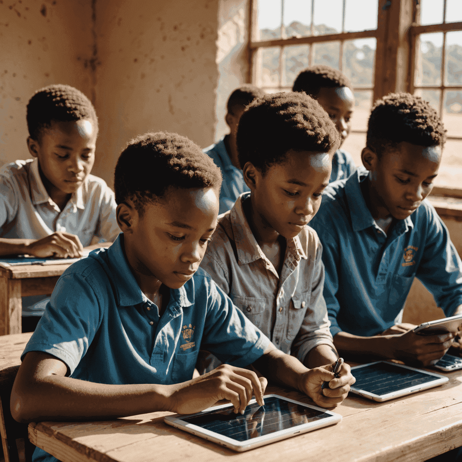 A group of young South African students using tablets and laptops in a rural classroom setting, with solar panels visible outside the window