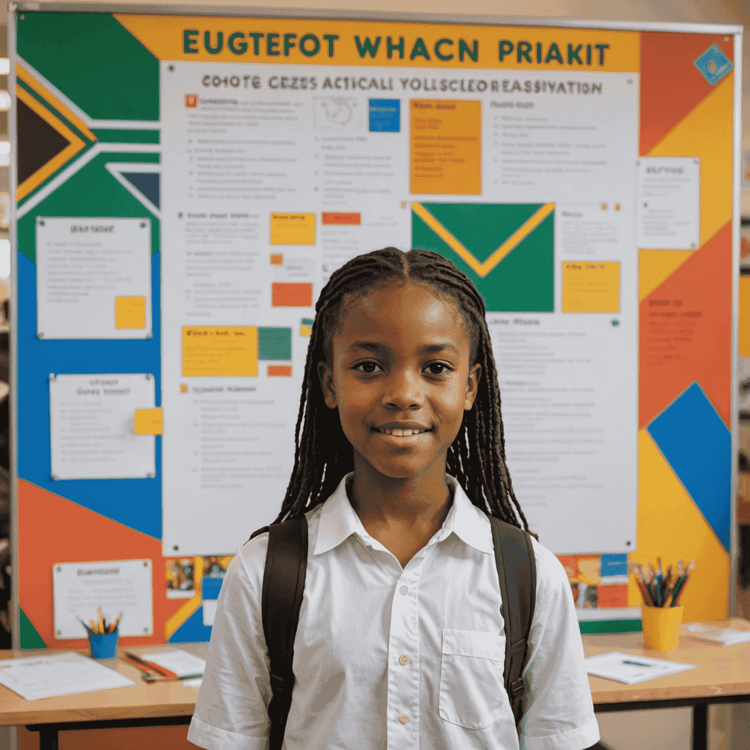A confident young South African girl presenting her project to her classmates, standing in front of a colorful poster board