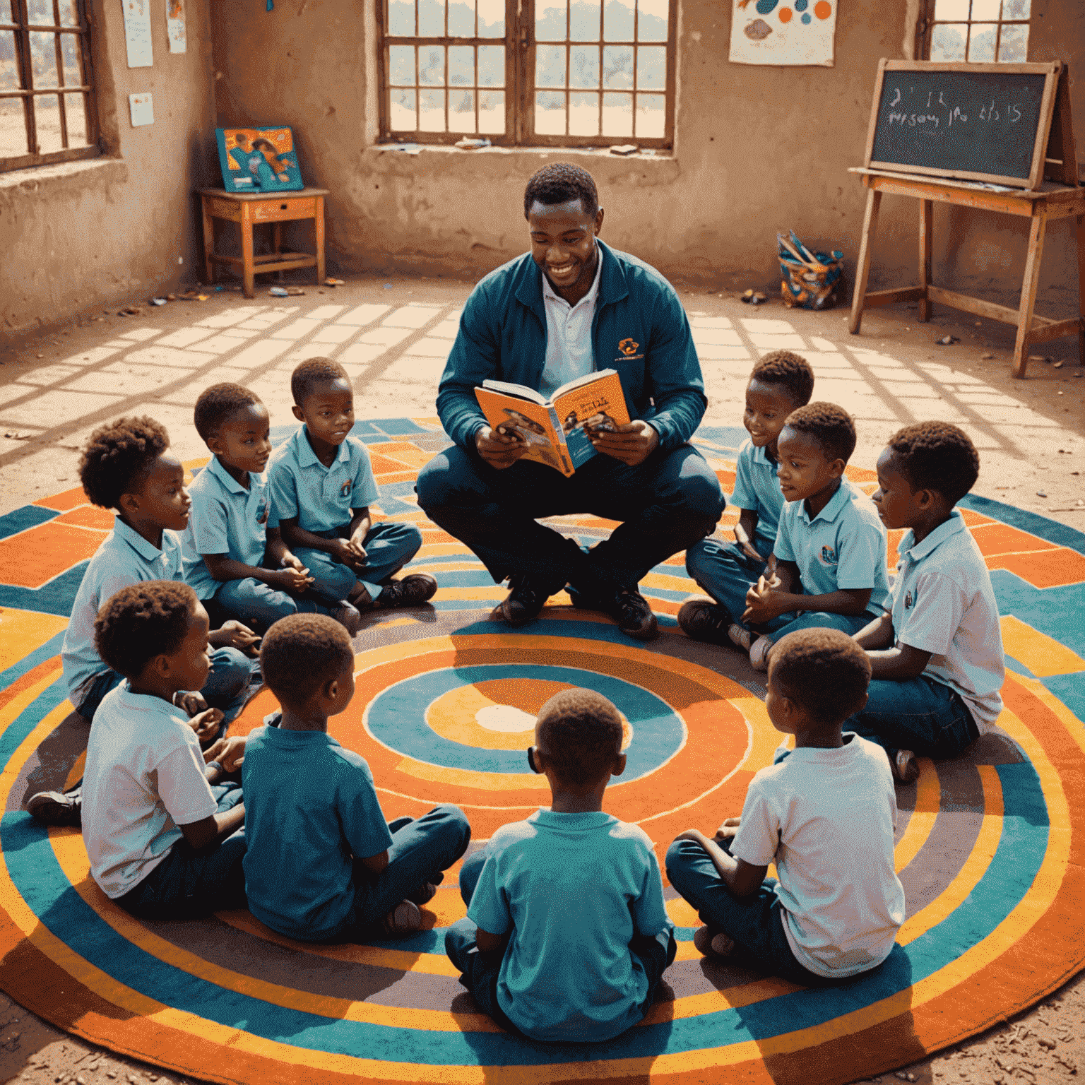 Young volunteer Themba Nkosi reading a story to a group of primary school children sitting in a circle on a colorful rug