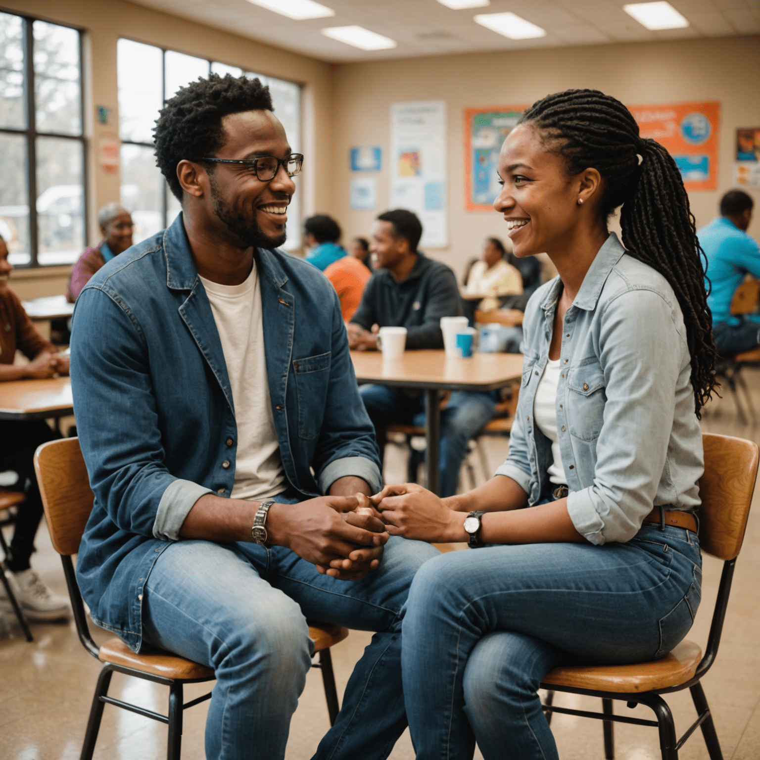 A mentor and mentee engaged in a friendly conversation in a community center setting