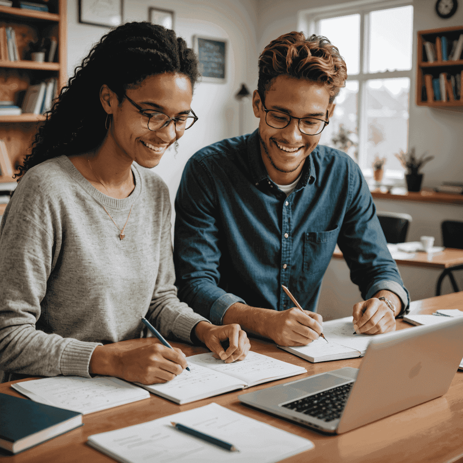 A smiling student and tutor working together on a challenging math problem in a home study environment, surrounded by textbooks and a laptop