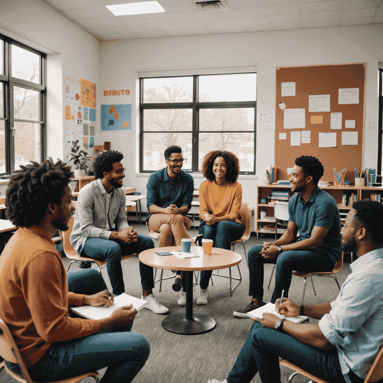 A diverse group of mentors and mentees engaged in a lively discussion in a bright, welcoming classroom setting