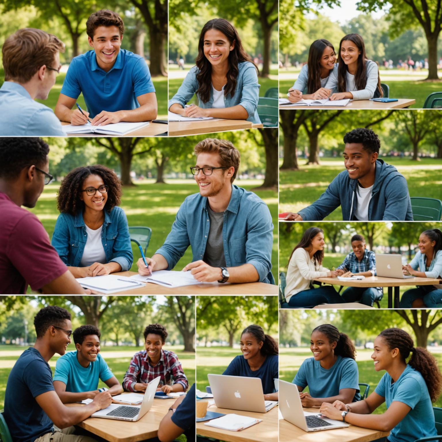 A montage of study group scenes: students collaborating in a classroom, outdoor study sessions in a park, and online video conference study groups. The images show diverse groups of students engaged in active learning, sharing ideas, and supporting each other.