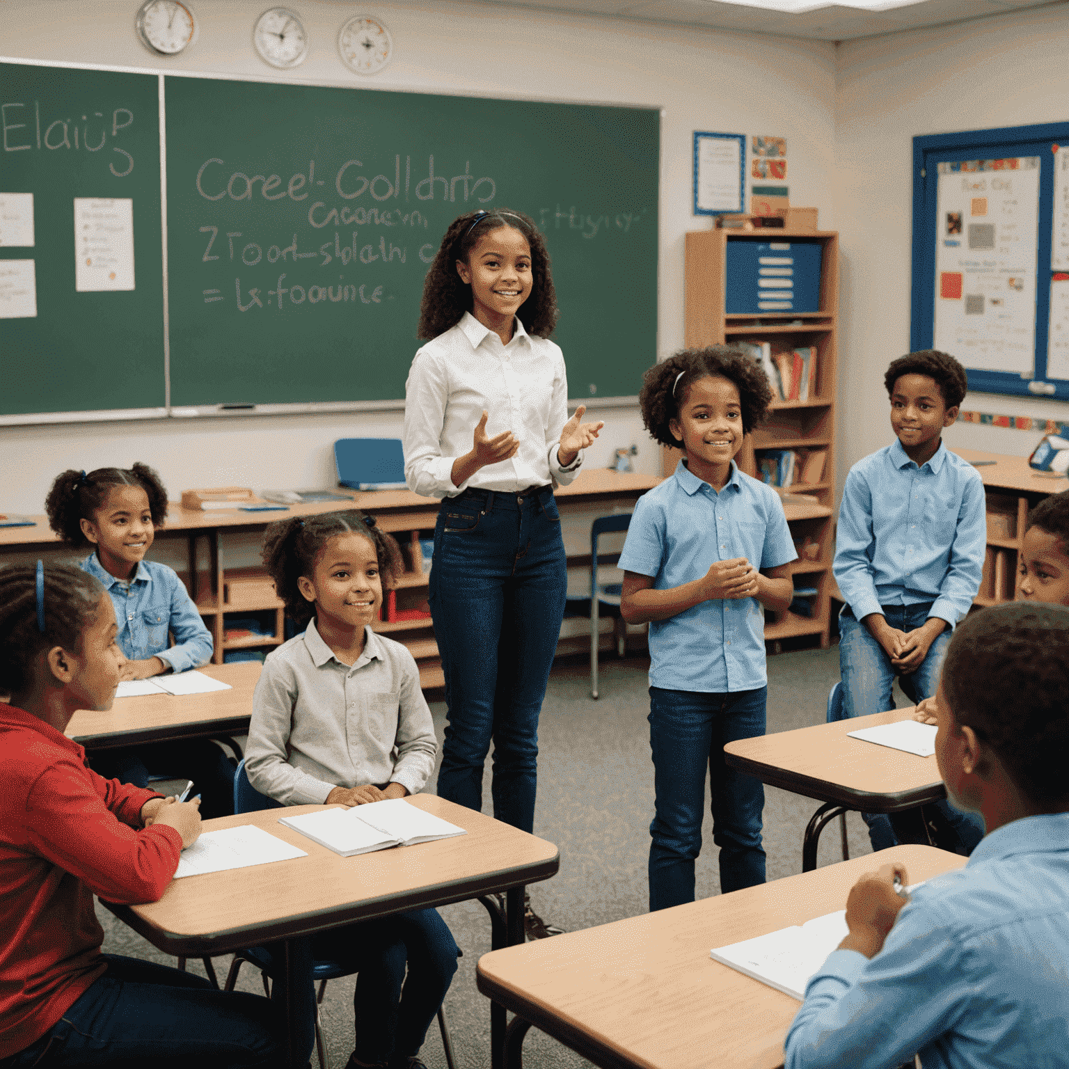 A diverse group of young learners practicing public speaking in a supportive classroom environment, with one student presenting at the front