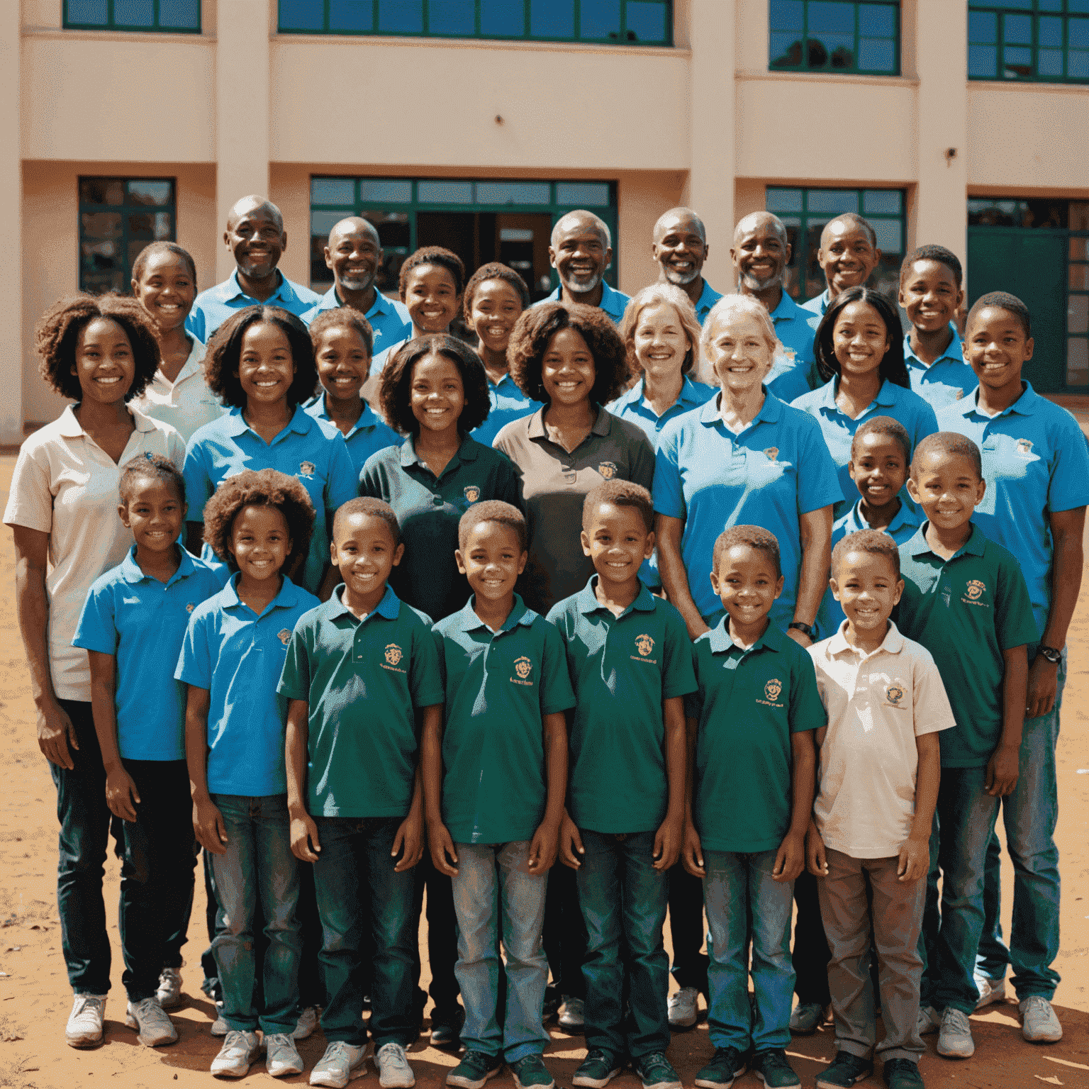 A diverse group of smiling volunteers of various ages and backgrounds, representing the EduCircle community, standing together in front of a South African school