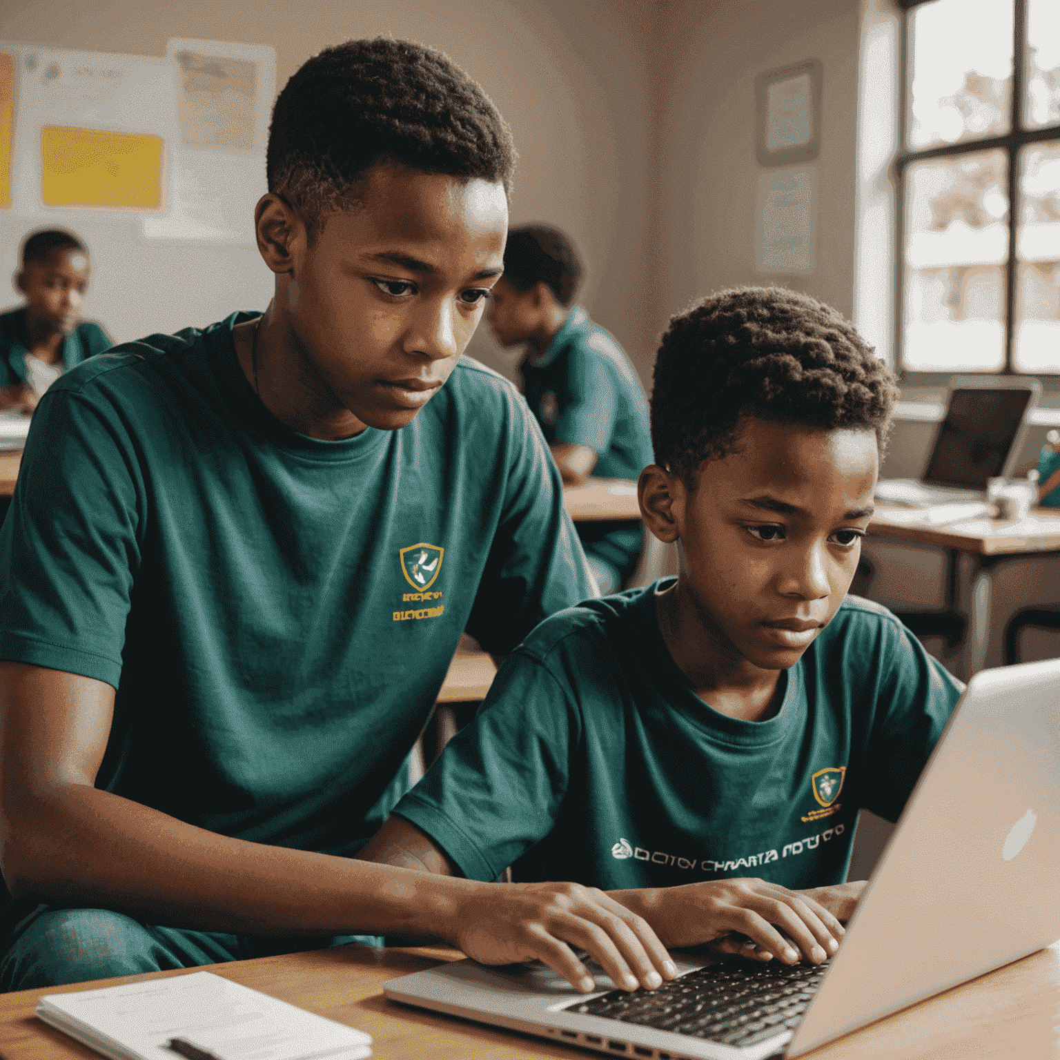 A focused young South African boy coding on a laptop, with his volunteer mentor guiding him