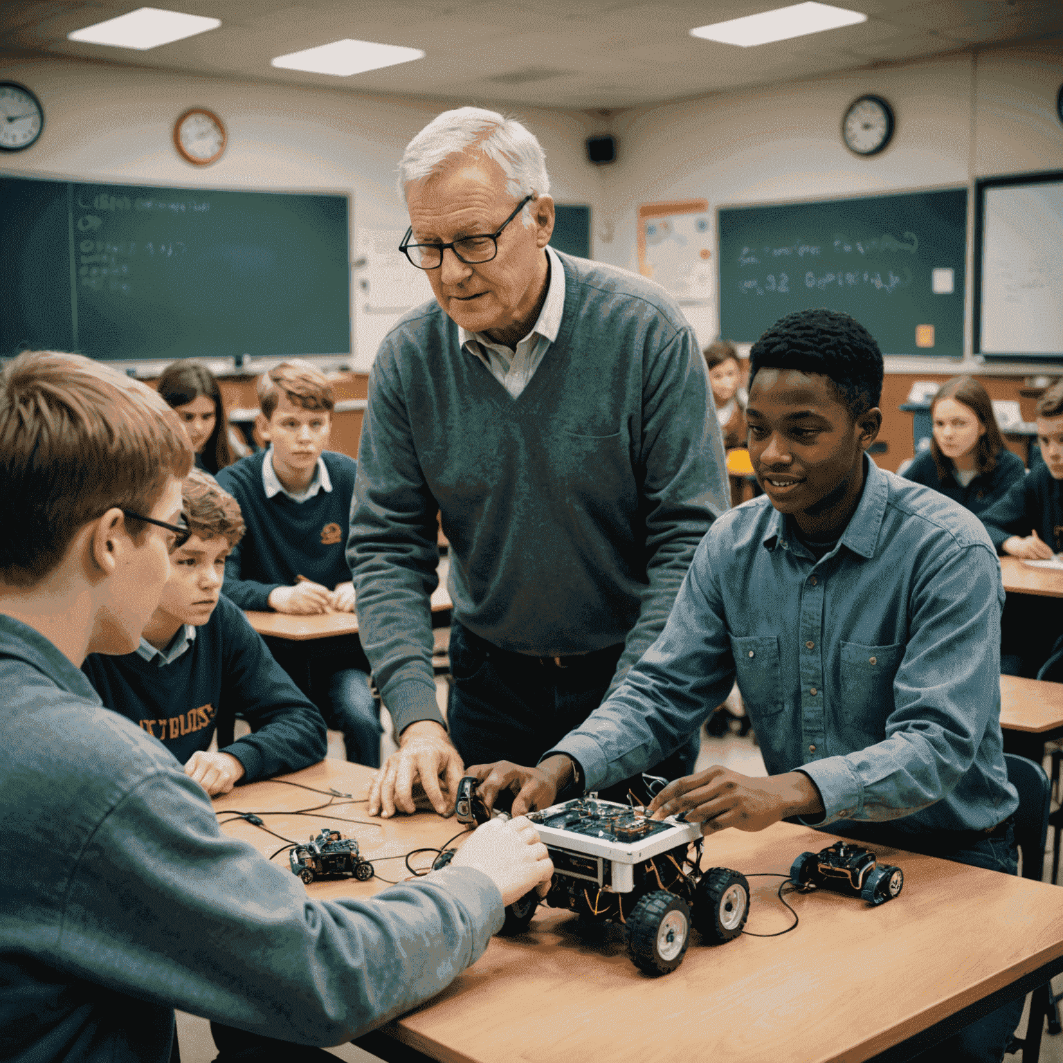 Retired engineer Mr. van der Merwe demonstrating a simple robotics project to a group of excited high school students in a modest classroom