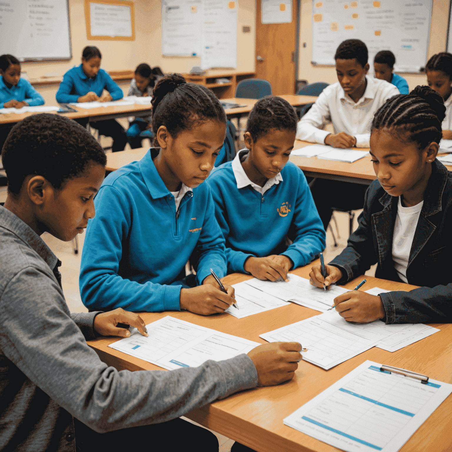 Young learners participating in an interactive financial management workshop, using calculators and budget worksheets