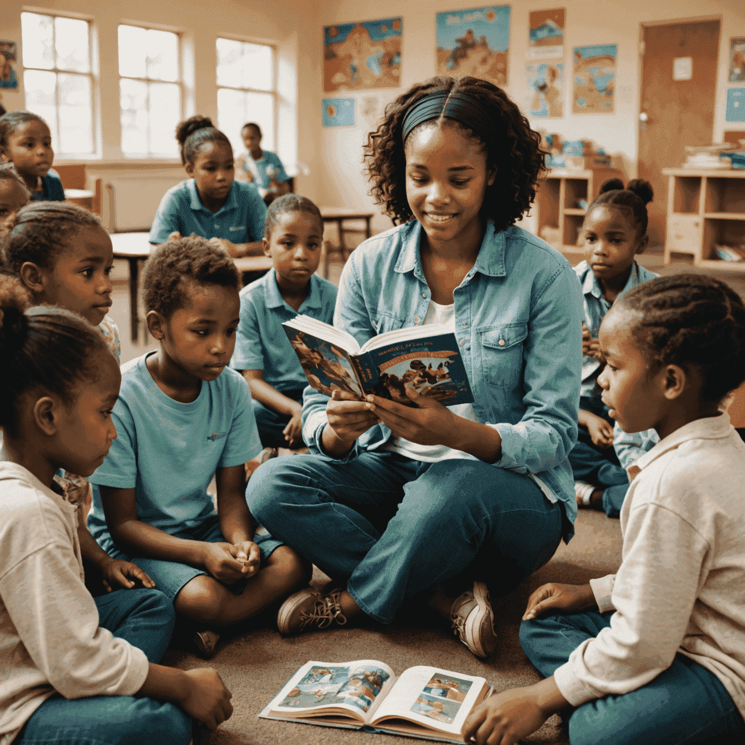 A teenage South African girl reading a storybook to a group of younger children in a community center