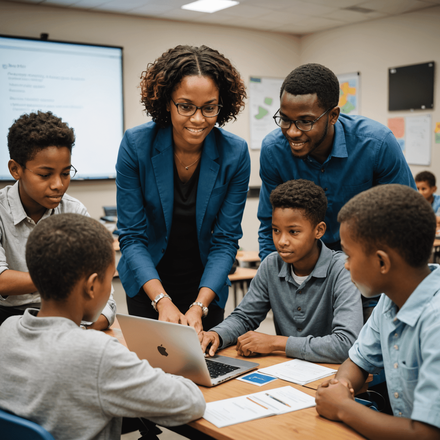 A workshop facilitator demonstrating computer skills to a group of engaged young learners