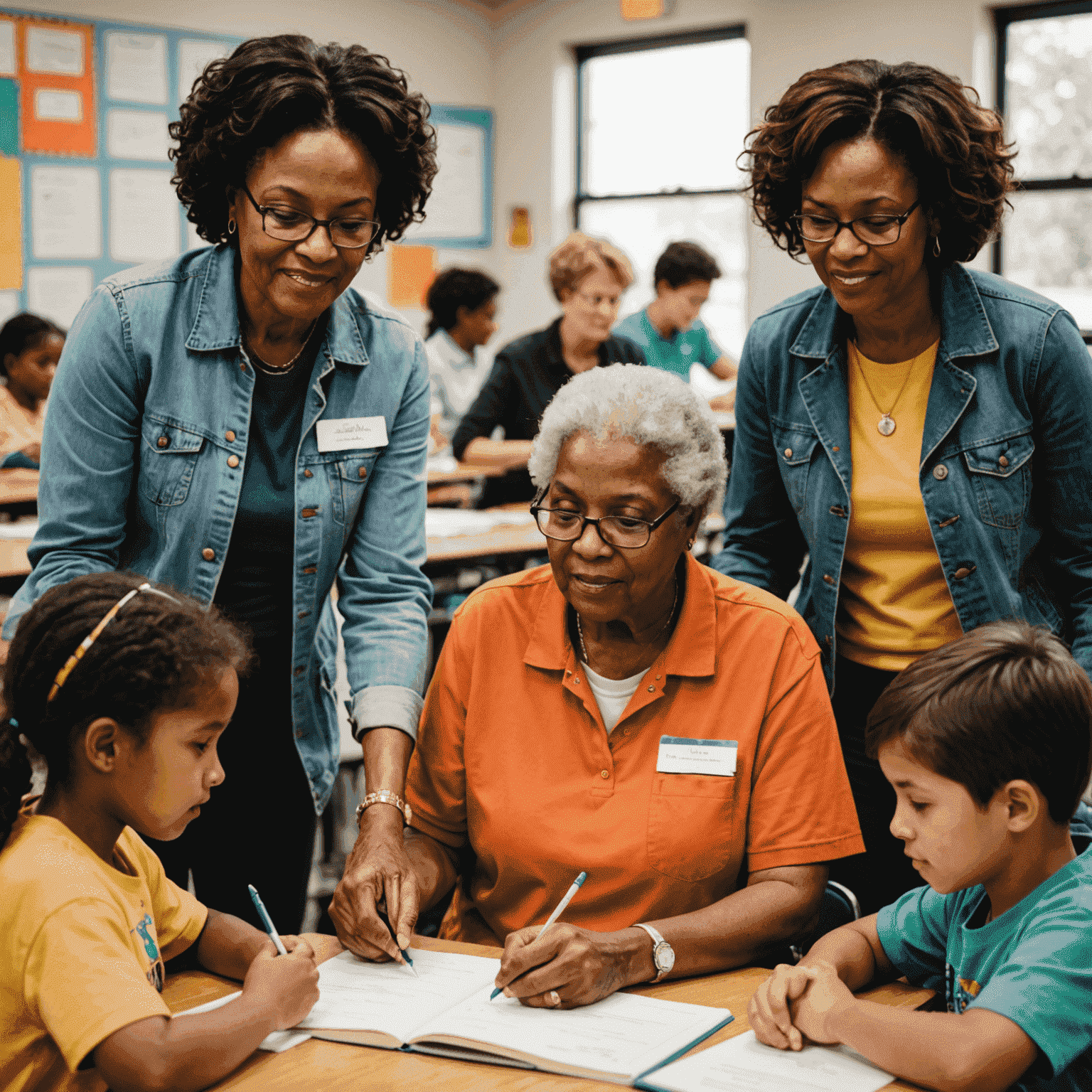 Image of diverse volunteers and retired educators working with students, highlighting their dedication and impact