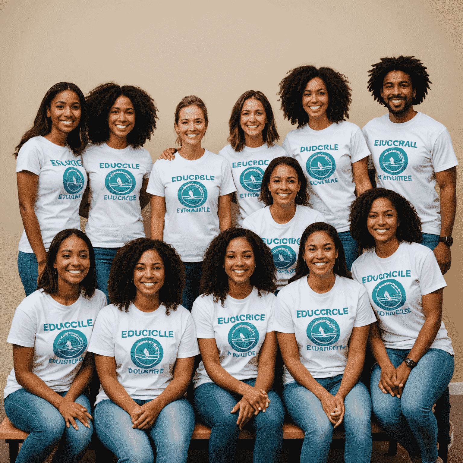 A group of diverse volunteers smiling and ready to help, wearing EduCircle t-shirts